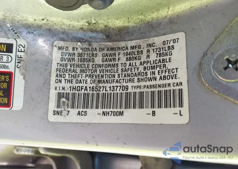 2007 Honda Civic Lx from USA, damaged, VIN 1HGFA16527L137709